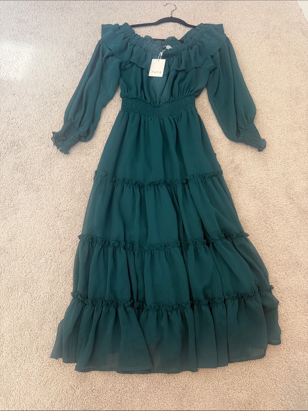 Vici Dolls Fate Teal Off-Shoulder Tiered Maxi Dress